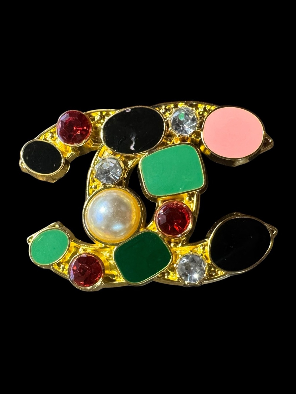 Gold Multi-Color Gemstone Logo Brooch Pin - Green, Black, Pink, Pearl, Red